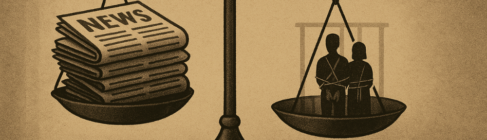 A tilted scale with newspapers outweighing silhouettes of hostages