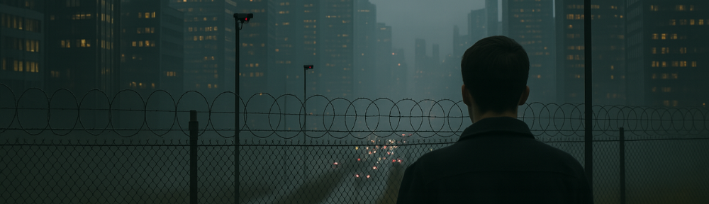 A person standing behind a barbed-wire fence, looking at a city full of tall buildings and security cameras.