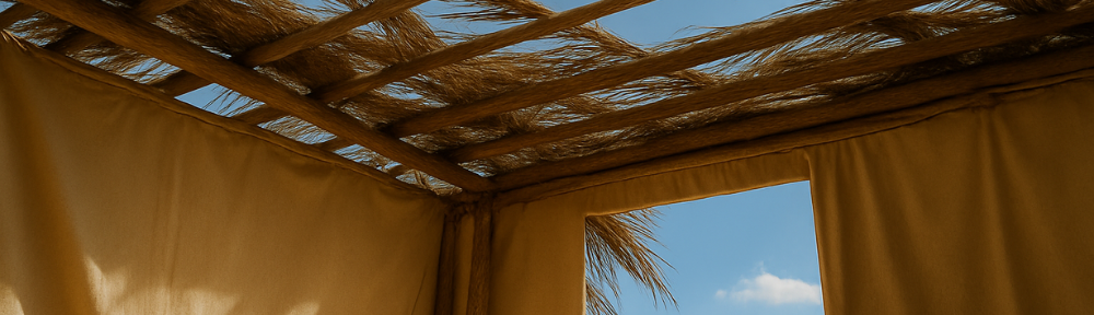 Daytime view inside a rustic wooden sukkah.