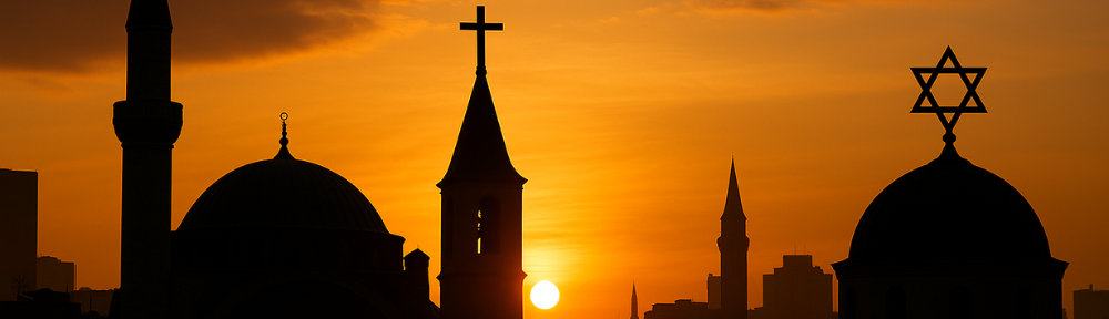 Sunset skyline with silhouettes of a mosque, church, synagogue, and temple.