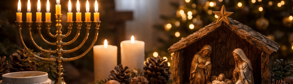 Lit menorah and nativity scene