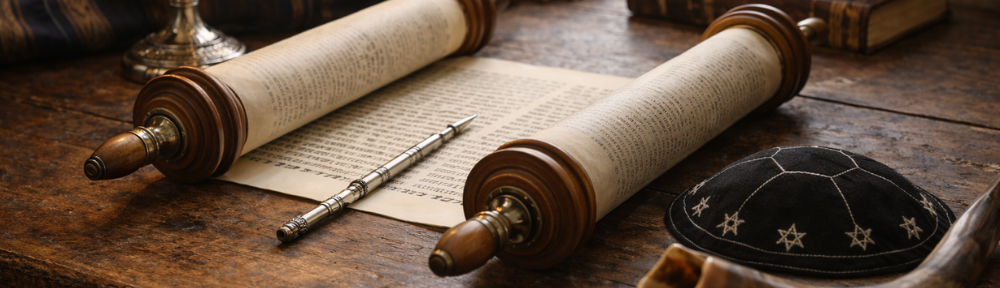 A Torah scroll on a wooden table