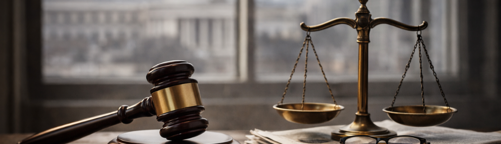 A wooden gavel and a small set of scales of justice