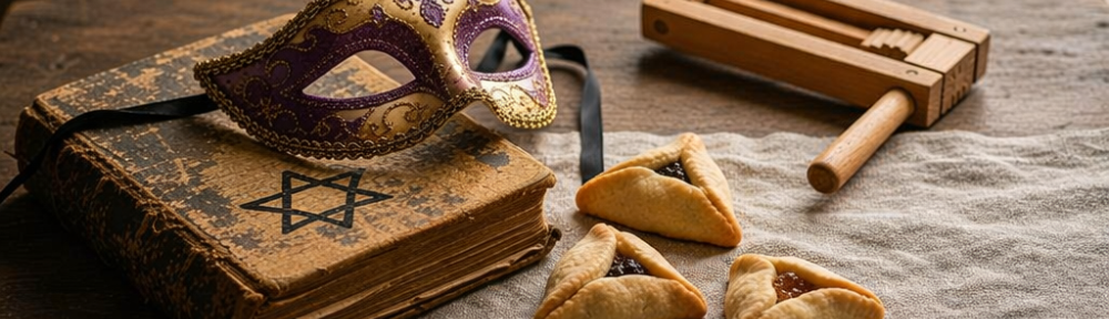 A book with a Star of David, a Purim mask, a wooden noisemaker, and hamantaschen on a wooden table.