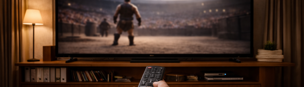 Person holding a remote toward a TV showing a blurred gladiator scene.
